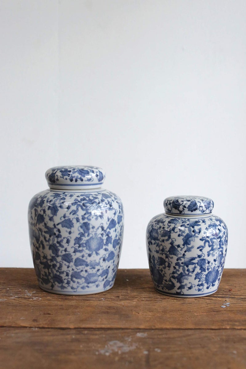 Creative Co-Op Blue & White Ceramic Ginger Jar with Lid - Image 2